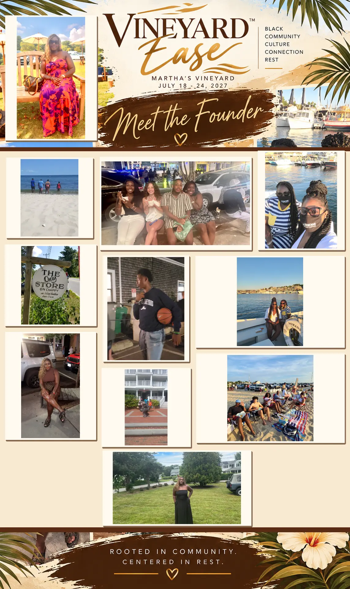 Collage of Dr. Shinair K. Francis with family and friends across summers on Martha's Vineyard, titled Meet the Founder