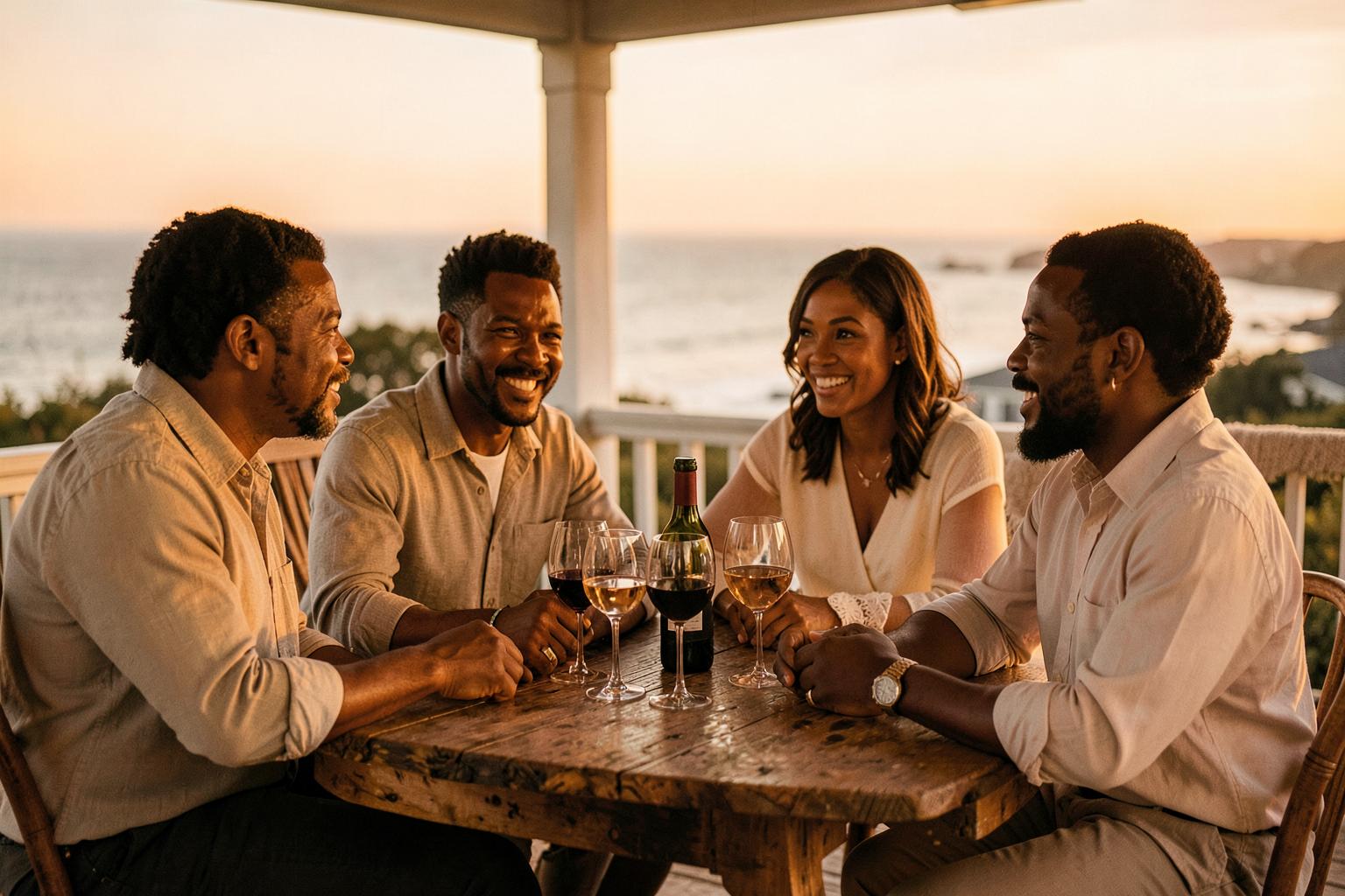 Friends gathered around a rustic table with wine glasses at sunset by the water