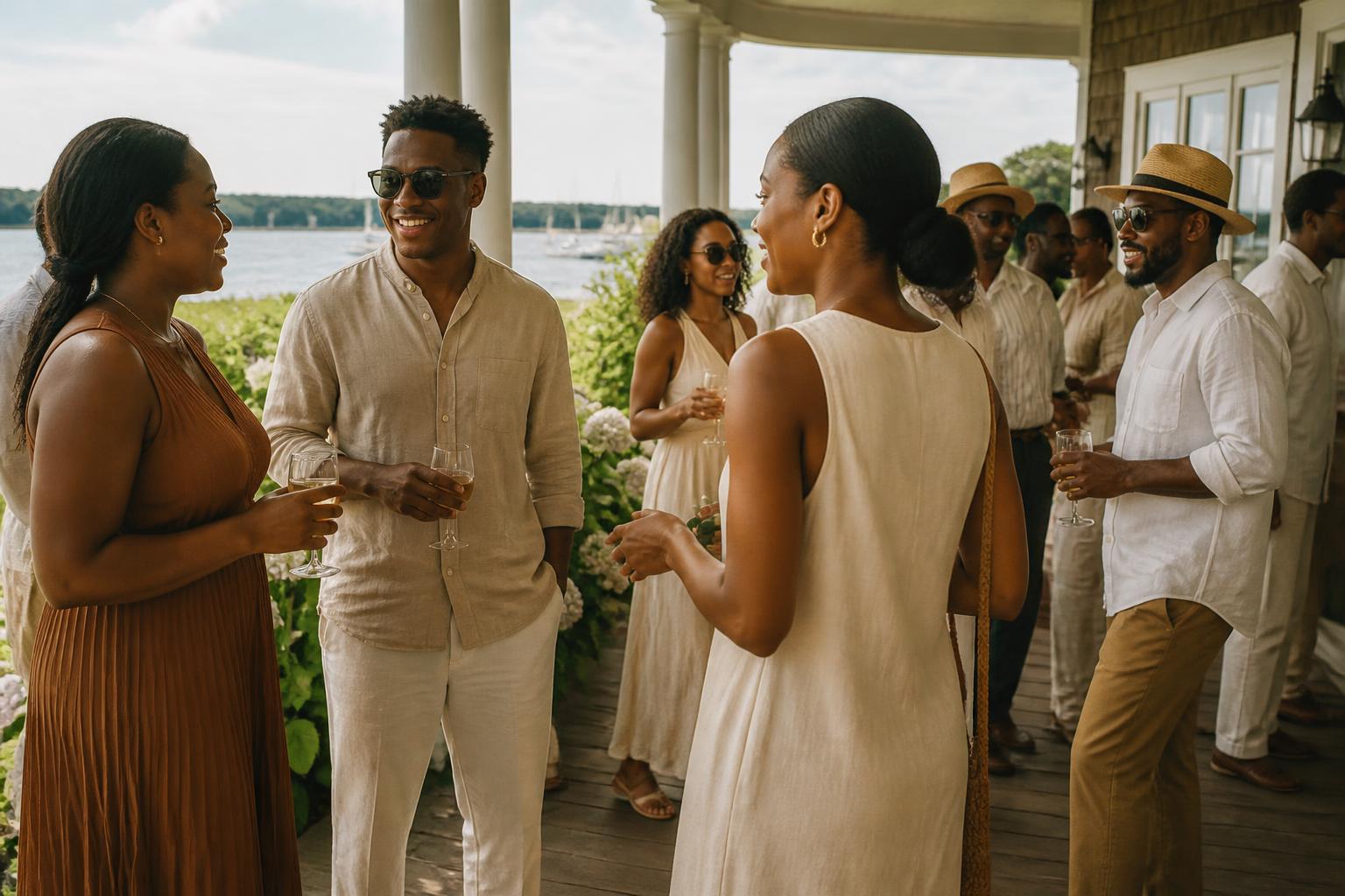Guests connecting over drinks on an oceanfront porch on Martha's Vineyard