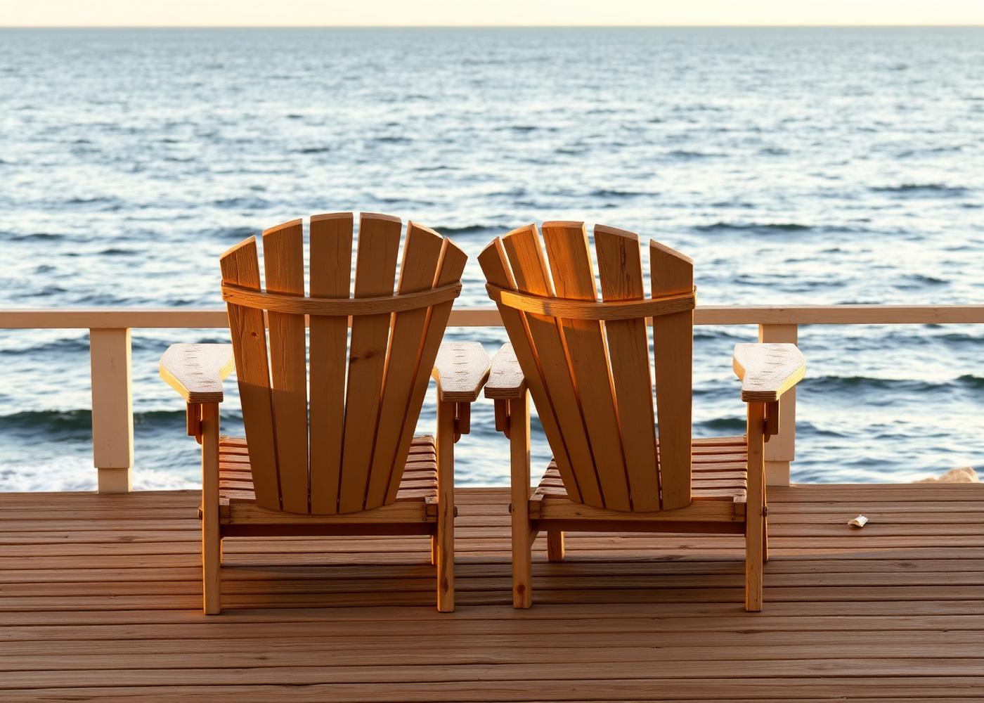 Two wooden Adirondack chairs on a deck facing the ocean